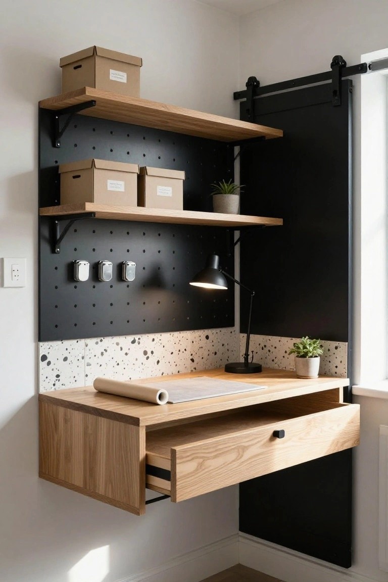 Corner indoor workspace with floating oak desk and open drawer, black pegboard wall with hooks and clips, oak shelves holding cardboard boxes and potted plants, desk lamp, and sliding barn door nearby.