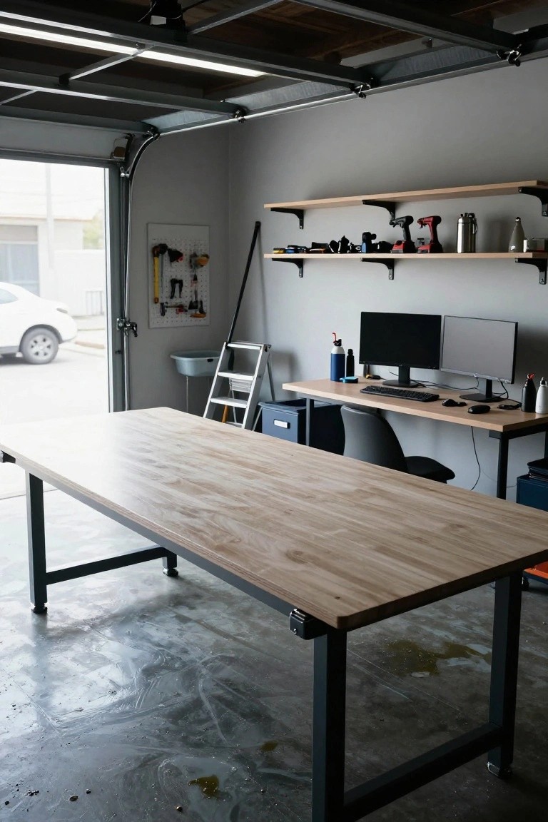 Garage interior with large light wood workbench on black metal legs and casters, adjacent wooden desk holding dual monitors keyboard and office chair, wall shelves stocked with tools, ladder and bucket nearby, open garage door showing street and car outside.