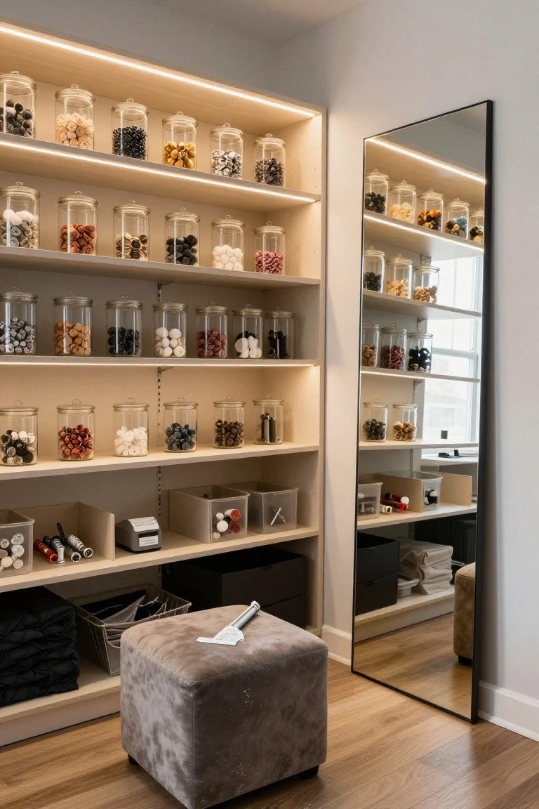 Wooden shelves with LED backlighting holding clear glass jars filled with colorful buttons, beads, and craft supplies, next to a tall mirror and gray pouf in a modern room.