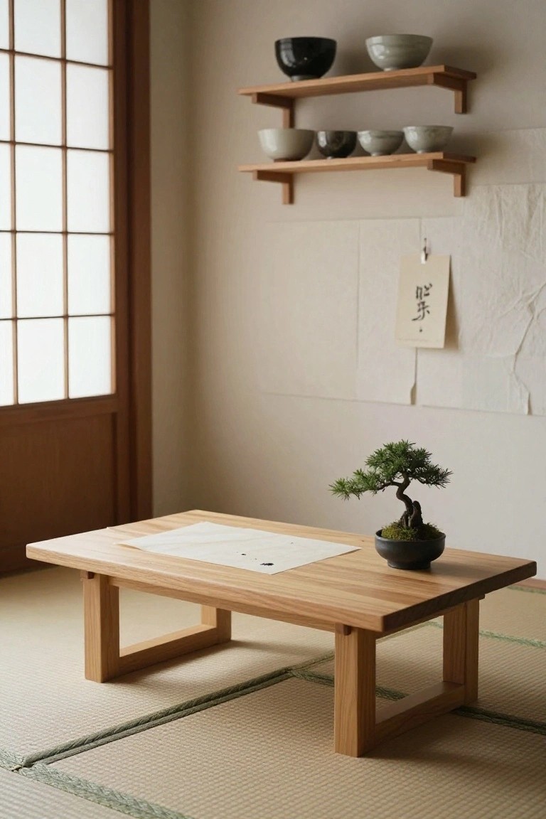 Japanese-style interior room featuring tatami floor mats, a low rectangular wooden table with white paper and black bonsai pot on top, wooden shelves holding ceramic bowls, shoji screen window, and a wall note.