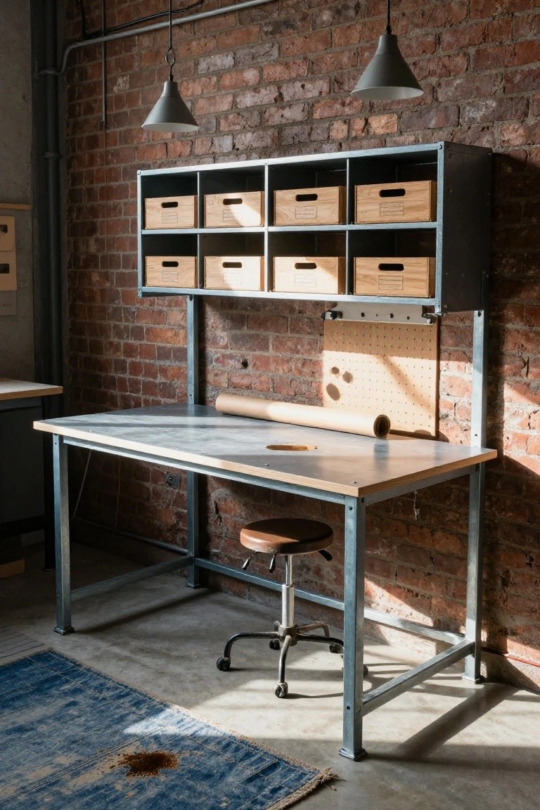 Industrial craft room office with metal workbench, overhead rack of wooden bins, pegboard on brick wall, adjustable stool, and blue rug on concrete floor.