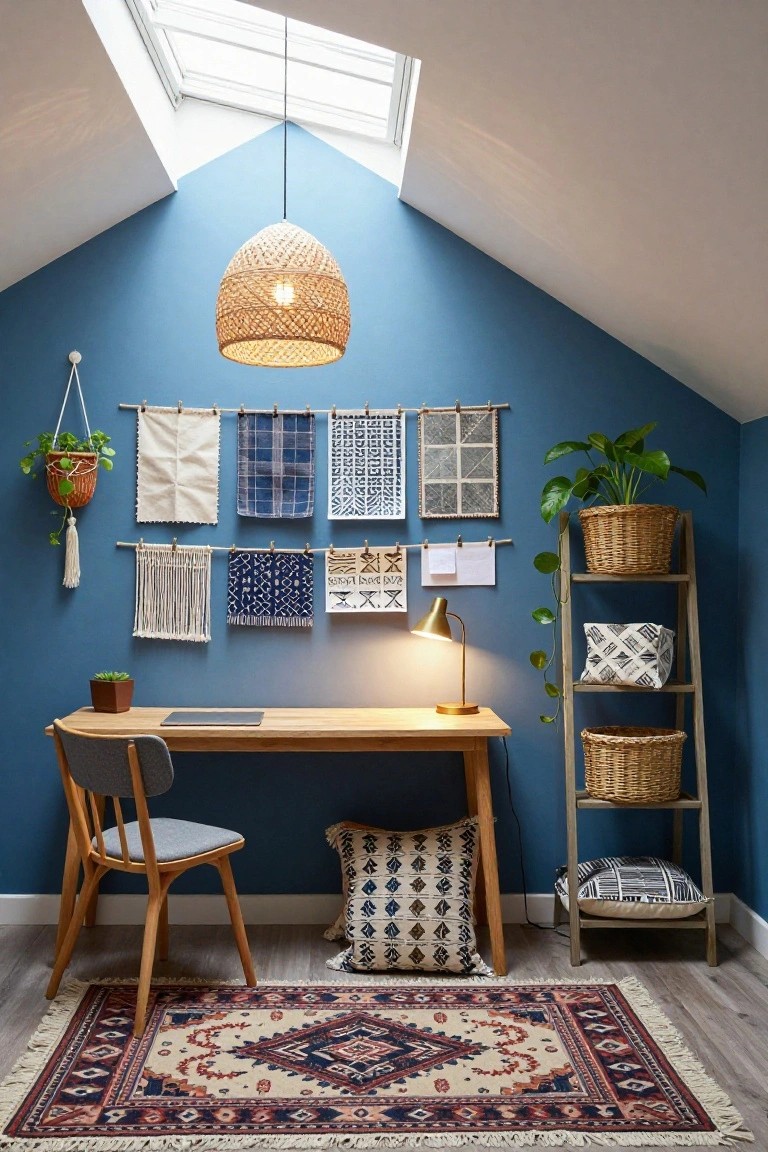 Attic office room with sloped blue walls, skylight, wooden desk and chair, peg rail on wall displaying various hanging fabrics and textiles, plants in pots and baskets, ladder shelf, floor pillows, and patterned rug.