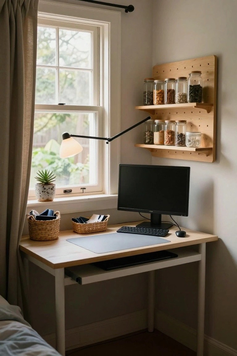Corner home office desk made of light wood with black computer monitor, keyboard, mouse, wicker baskets holding notebooks and papers, pegboard wall with wooden shelf holding glass jars filled with small items like nuts and beads, adjustable desk lamp, potted succulent on windowsill, and window with sheer curtains showing greenery outside.
