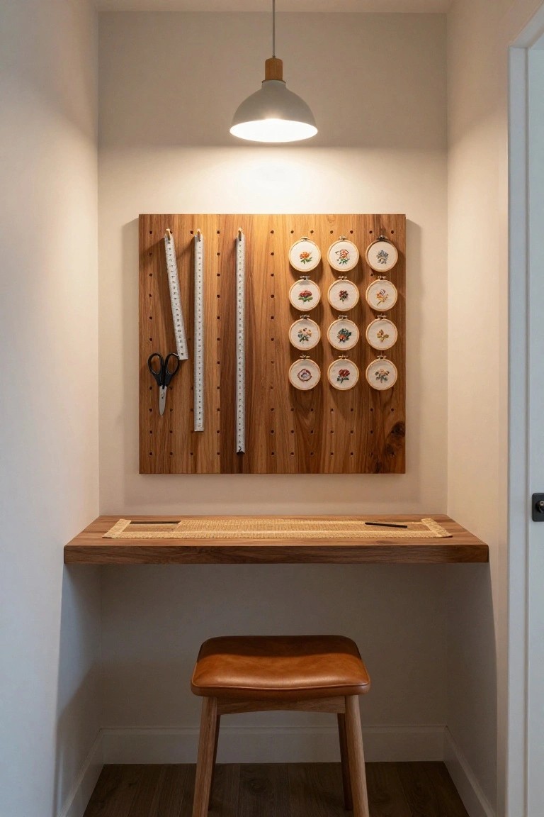 Small indoor nook with floating wooden desk, wooden pegboard wall holding rulers, scissors, and embroidery hoops, leather stool, pendant light, and neutral walls.