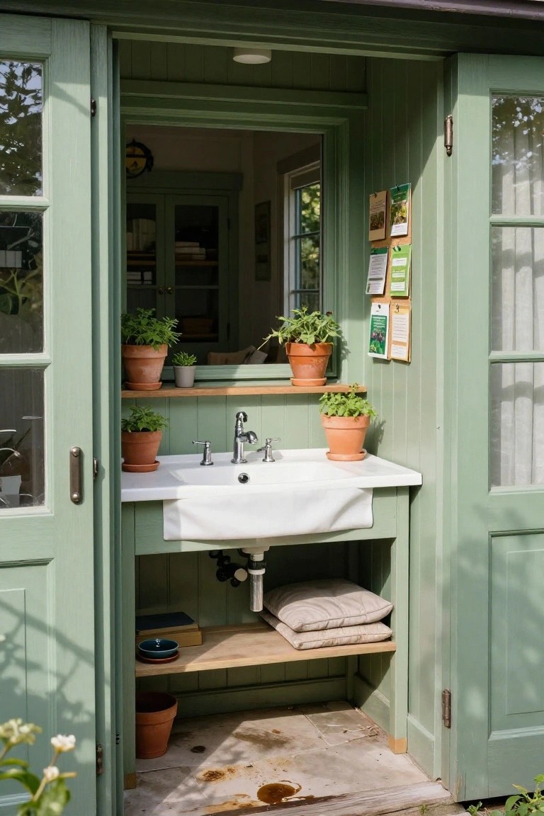 Open double doors of a small green garden shed revealing a white farmhouse sink on a counter, surrounded by potted herb plants on shelves and ledges, with a wooden floor outside.