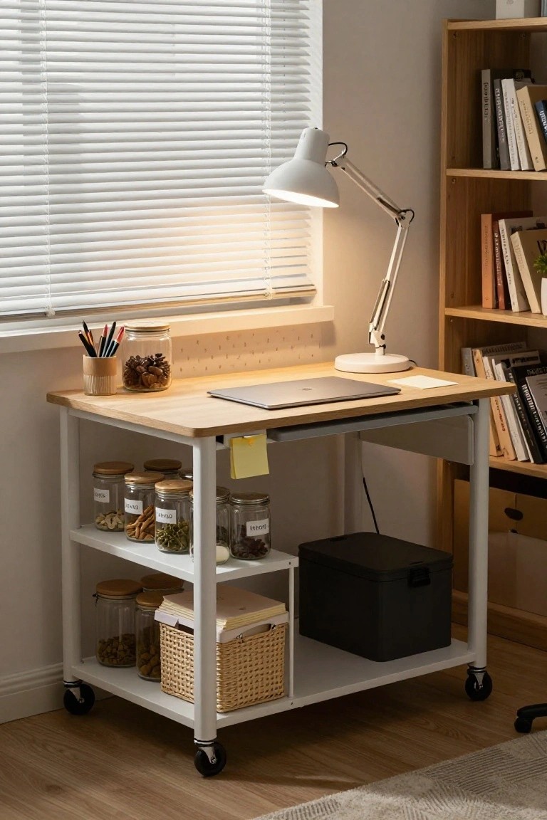 White metal rolling cart with light wood top holding a silver laptop, open shelves below stocked with labeled glass jars of nuts seeds and snacks, pens in a holder, wicker basket, and black storage box, next to a bookshelf in a room with blinds and lamp.