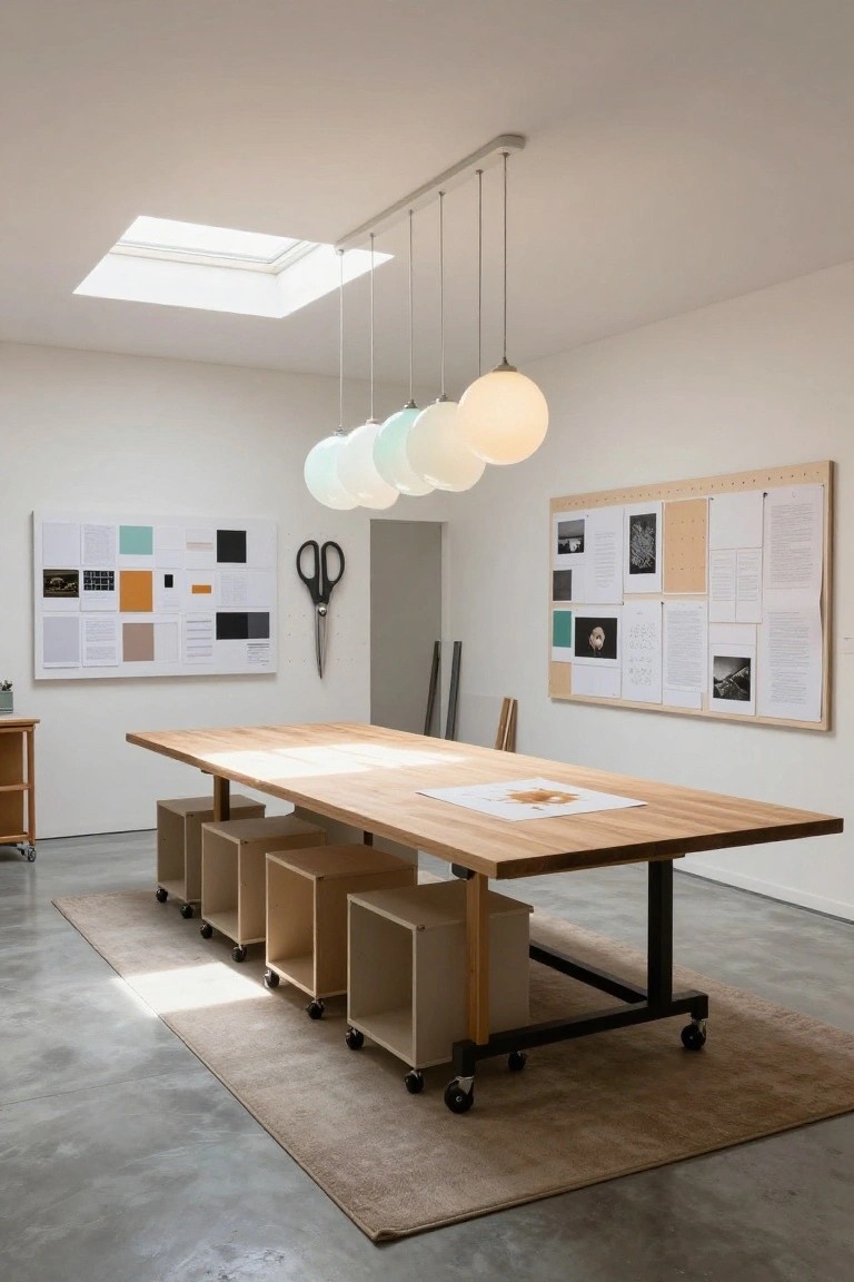 Modern interior room with a long light wood table on black metal frame with casters, surrounded by wooden cube benches on wheels, white pegboard walls displaying papers and photos, pendant globe lights, skylight above, and polished concrete floor.