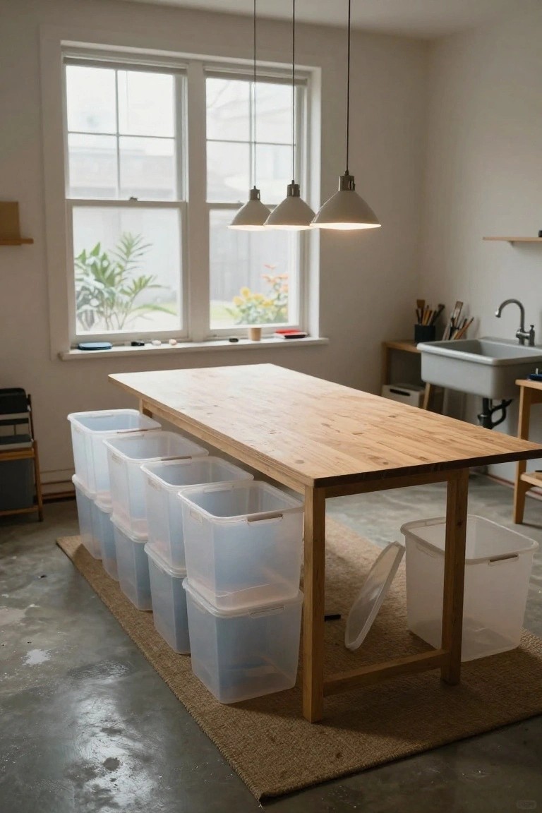A long wooden table in a light-filled room with clear plastic storage bins stacked underneath and beside it on a concrete floor, near a sink and window with plants outside.