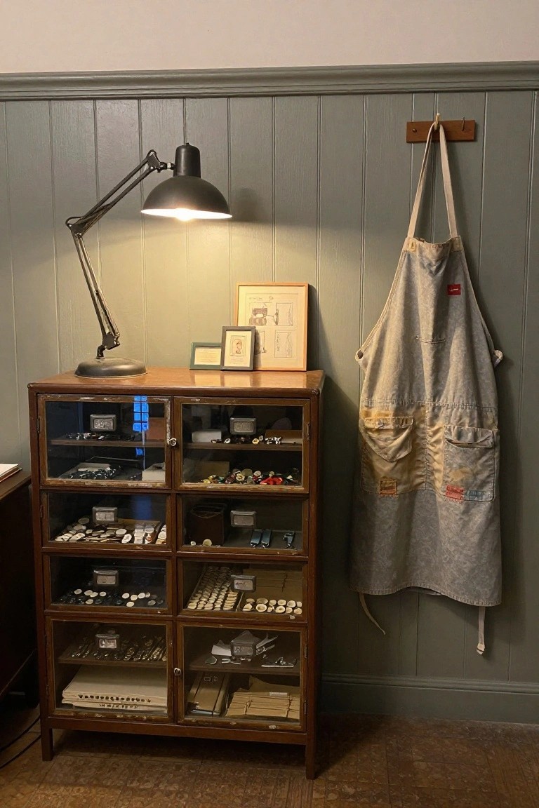 Wooden glass-fronted cabinet with drawers and shelves displaying buttons, watches, clocks, and small tools in a room with green paneled walls, a desk lamp, framed pictures, and a hanging apron.