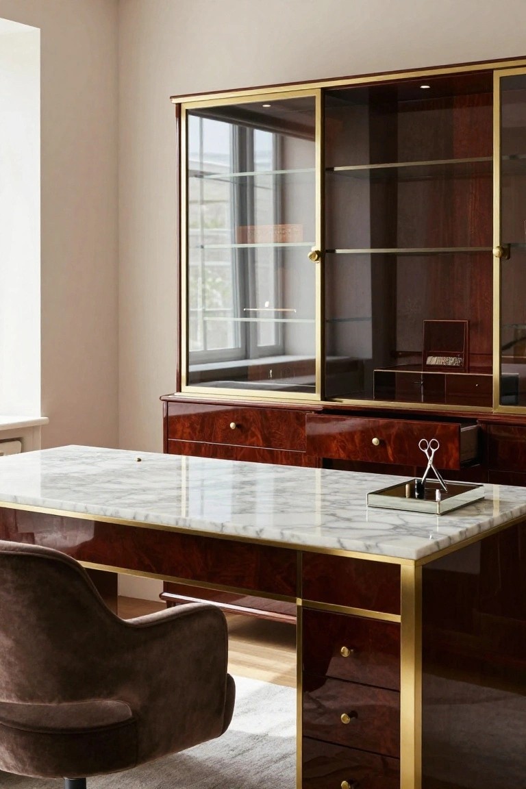 Beige room with glossy wooden desk featuring white marble top, brass frame and pulls, brown velvet chair, and adjacent wooden cabinet with glass doors and drawers.
