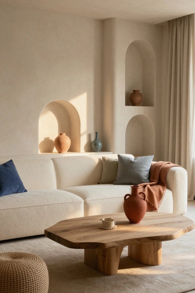 A light beige living room with curved walls and arched niches holding terracotta and blue pottery, a cream L-shaped sofa topped with navy, gray, green pillows and an orange throw, a live-edge wooden coffee table, and a woven pouf on a light rug.