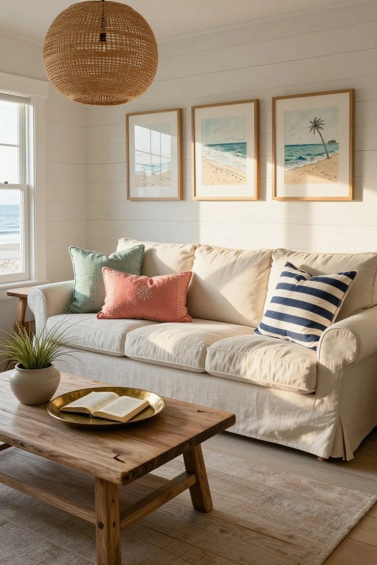 Cream slipcovered three-seater sofa with green, coral, and navy striped pillows in a white shiplap-walled living room featuring beach artwork, rattan pendant light, wooden coffee table with plant and book, and window overlooking ocean.
