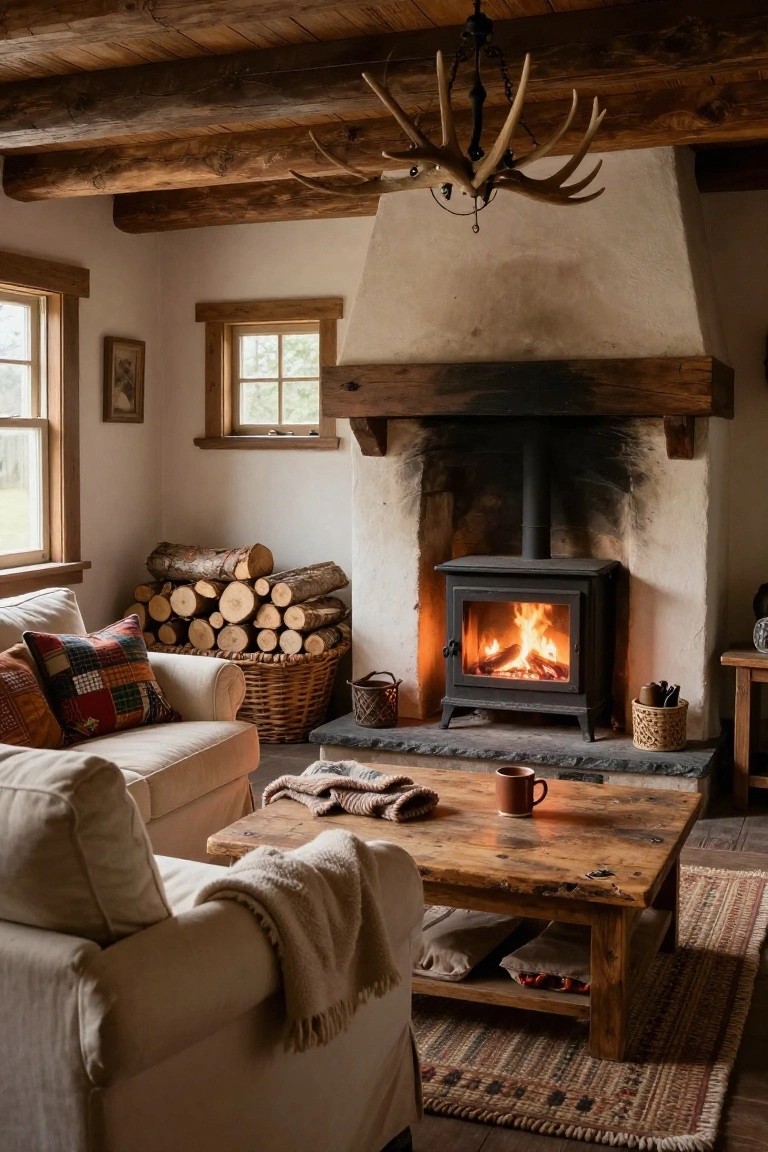 Rustic cabin living room with exposed wooden beams, cream sofa with colorful plaid pillows and cream throw, black wood stove in stone fireplace, stack of firewood in basket, wooden coffee table, and antler chandelier.
