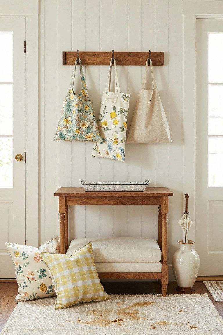 Entryway with wooden console table holding a cream cushioned bench topped by two patterned pillows, three hanging canvas tote bags on a wood wall rack, an umbrella stand with white vase nearby, and a white rug on board-and-batten wall between two doors.