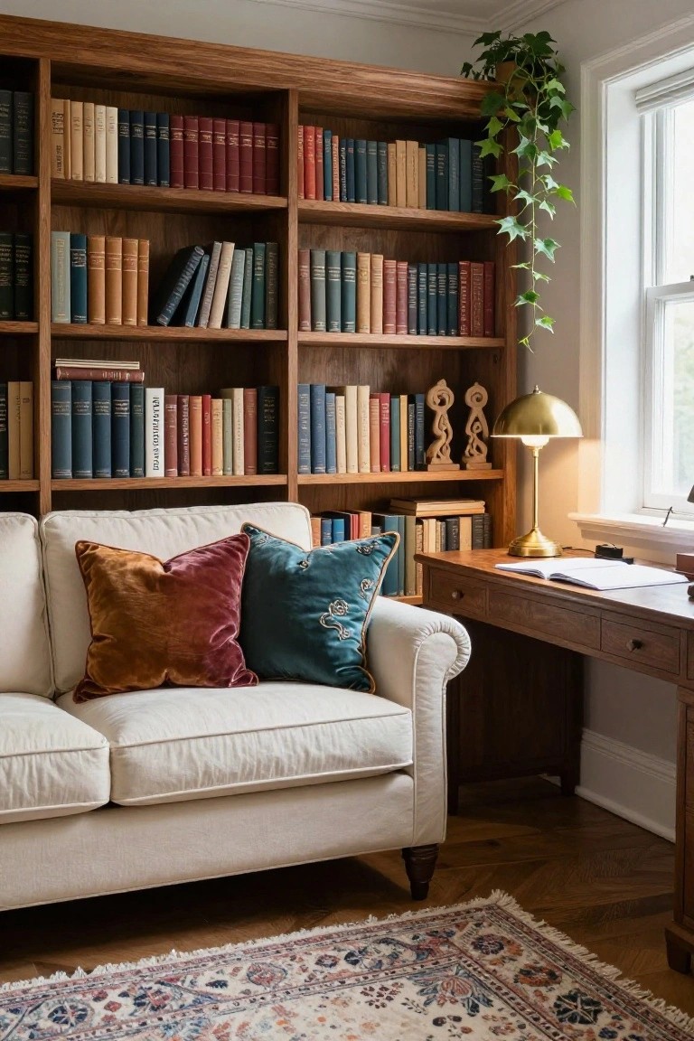 Cream sofa with rust velvet pillows and teal embroidered pillows in a wood-paneled room with bookshelves, wooden desk, brass lamp, ivy plant near window, and patterned rug on hardwood floors.