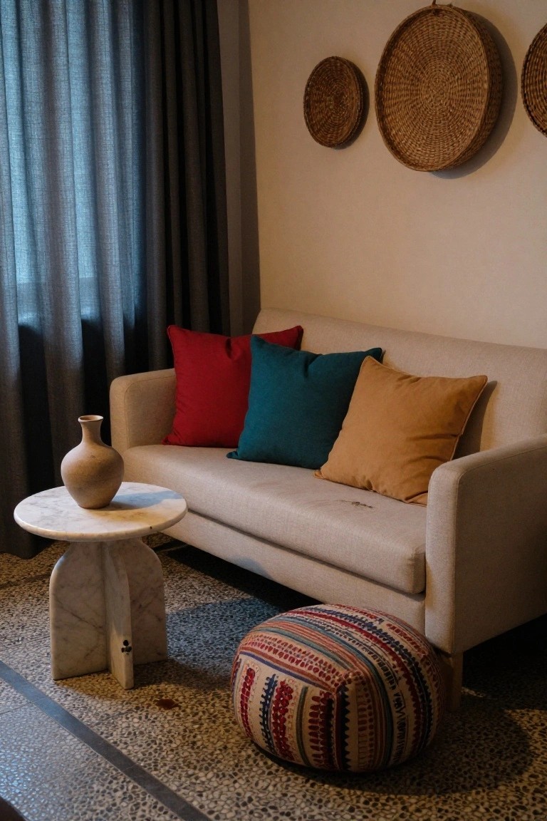 Cream fabric sofa with red teal and orange pillows in a room corner with dark curtains woven wall baskets a terracotta vase on marble side table and patterned footstool on tiled floor