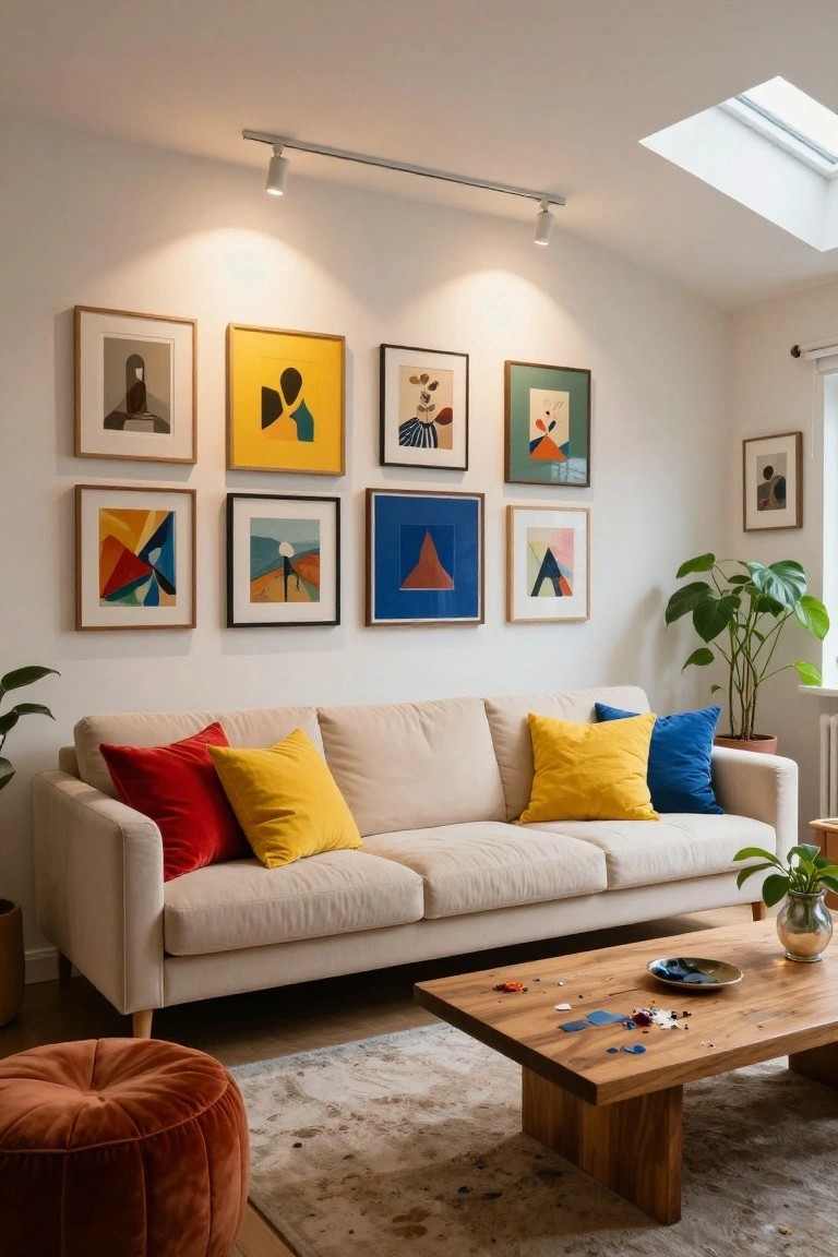 Light cream sofa with red, yellow, and blue pillows on a beige fabric, wooden coffee table with scattered small objects, gallery wall of colorful abstract framed prints, potted plants, and track lighting in a bright living room.