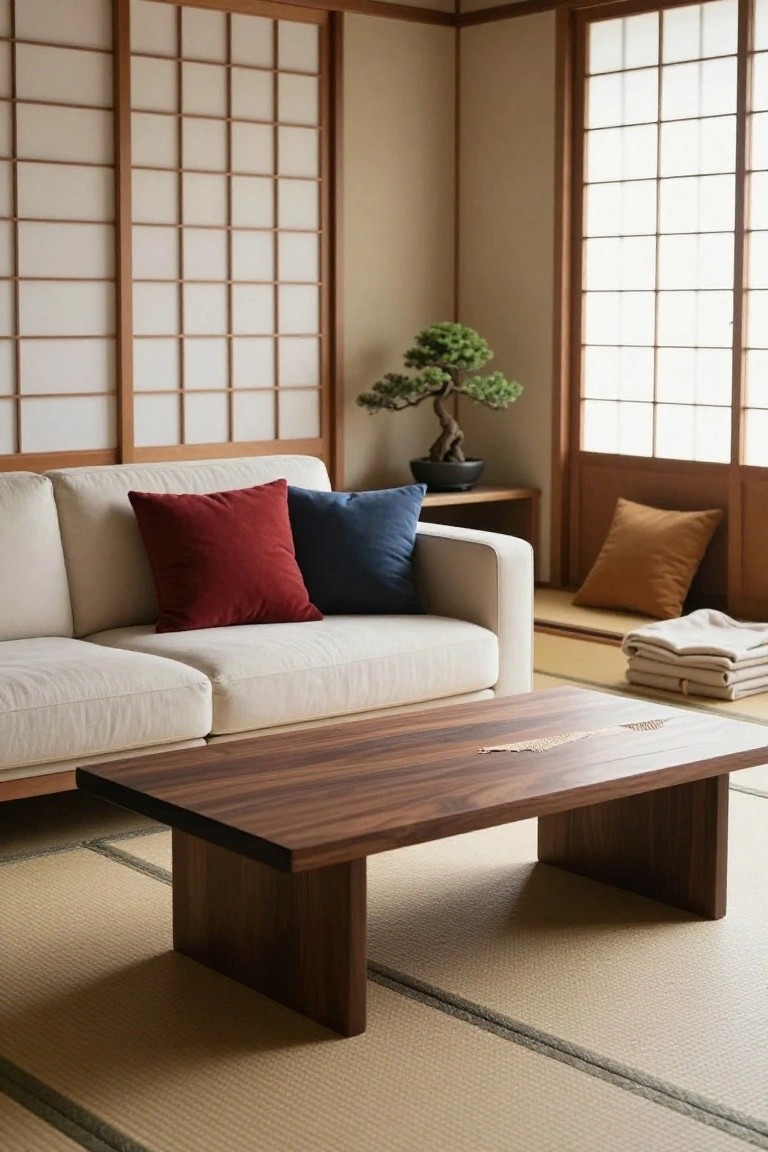 Cream sofa with red, navy blue, and orange pillows on a white fabric in a tatami-floored Japanese living room with shoji screens, bonsai tree, and wooden coffee table.