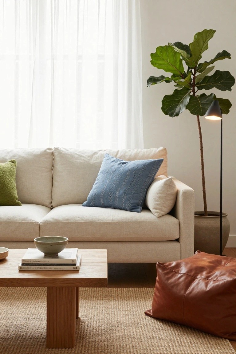 Cream sofa with green and blue pillows in a living room, wooden coffee table holding books and a ceramic bowl, large potted ficus plant with floor lamp, rust leather pouf, and seagrass rug.