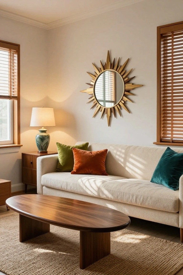 Cream sofa with green, orange, and teal velvet pillows on a beige wall, next to wooden end table with green lamp, oval wood coffee table, and gold sunburst mirror by wooden blinds in a sunlit room.