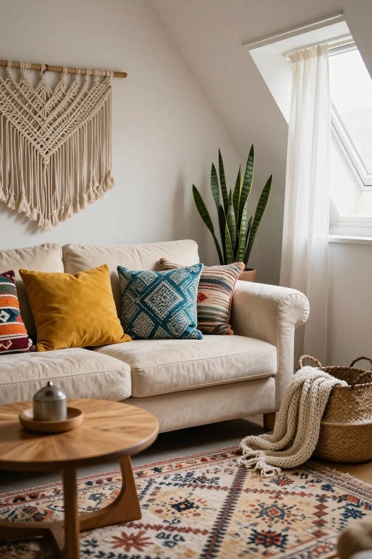 Cream sofa with yellow, teal patterned, and striped pillows in a light room featuring a wooden coffee table, woven rug, snake plant, macrame hanging, and basket with throw.