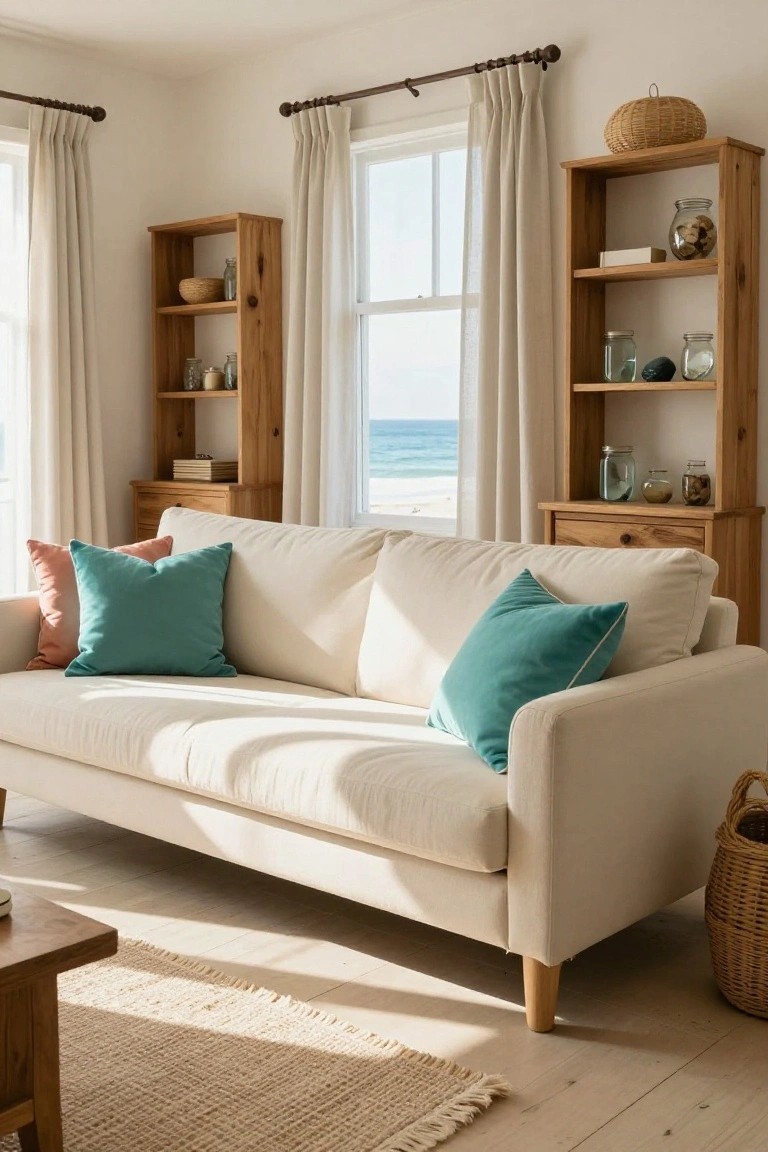 Cream sofa with teal and pink pillows in a light-filled living room with wooden bookshelves, linen curtains over windows showing an ocean view, and a woven basket on the floor.