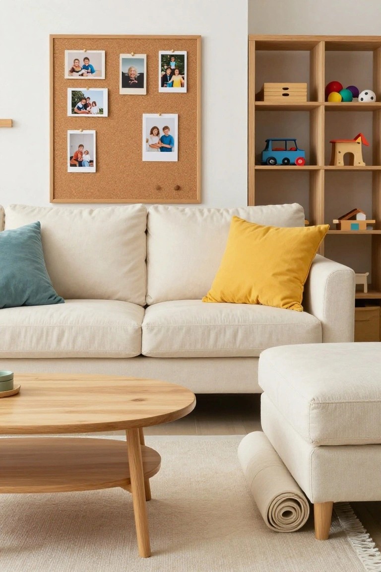 A light cream sofa with teal and yellow pillows in a living room that includes a corkboard pinned with family photos, wooden shelves holding toys, a wooden coffee table, and a beige ottoman.