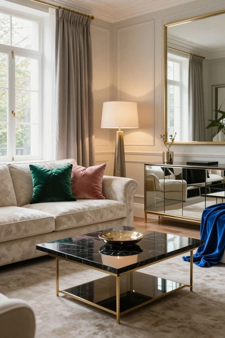 Cream tufted sofa with emerald green and blush pink velvet pillows in a light living room with black marble coffee table on brass legs, tall floor lamp, gold-framed mirror, and large curtained windows.