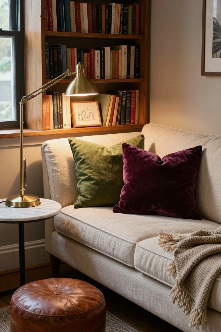 Corner indoor seating area with a light cream fabric sofa topped by green and purple velvet pillows, wooden bookshelves filled with books, a brass adjustable lamp on a white marble side table, and a brown leather ottoman nearby.