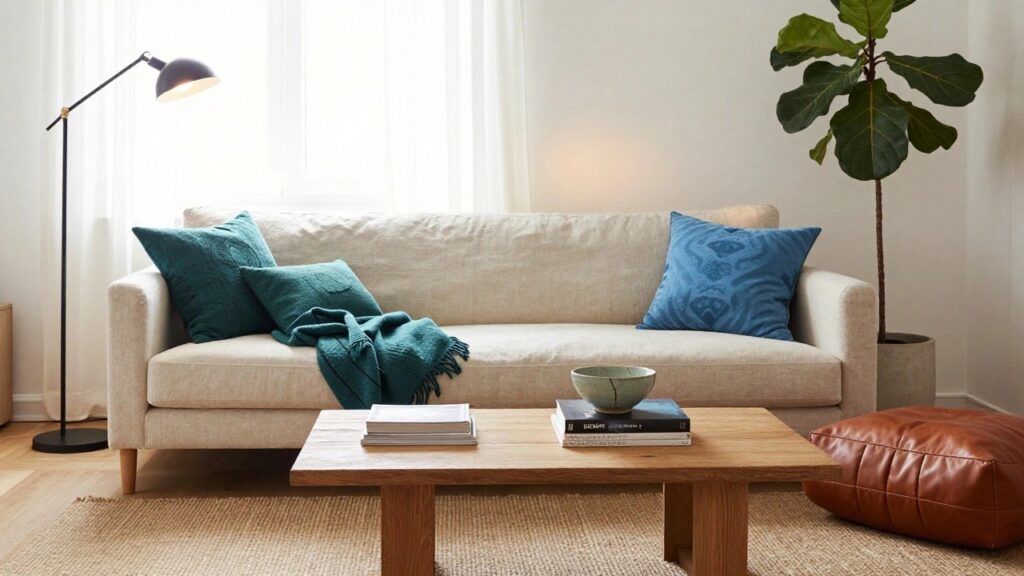 23 Cream Sofa With Colorful Pillow Ideas for Fresh Energy Cream sofa with green and blue pillows in a living room, wooden coffee table holding books and a ceramic bowl, large potted ficus plant with floor lamp, rust leather pouf, and seagrass rug.