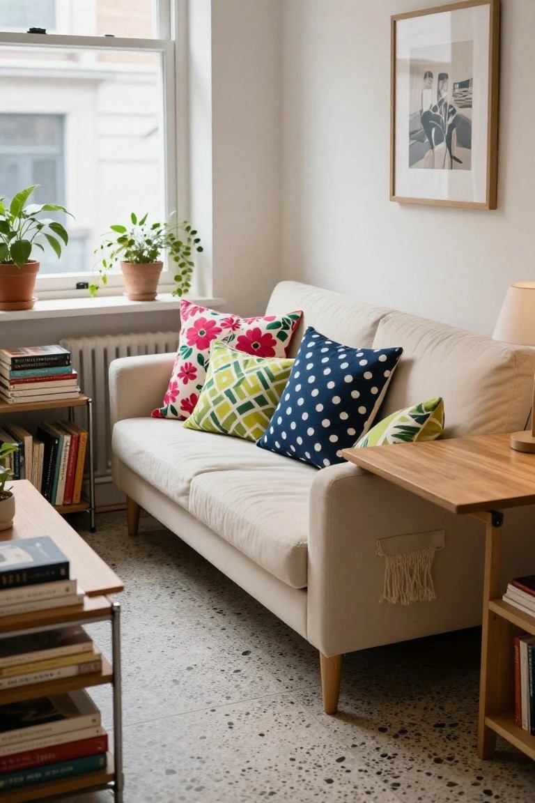 Cream-colored sofa with pink floral, green geometric, blue polka dot, and green leaf pillows in a light room featuring plants, bookshelves, wooden table, and window.