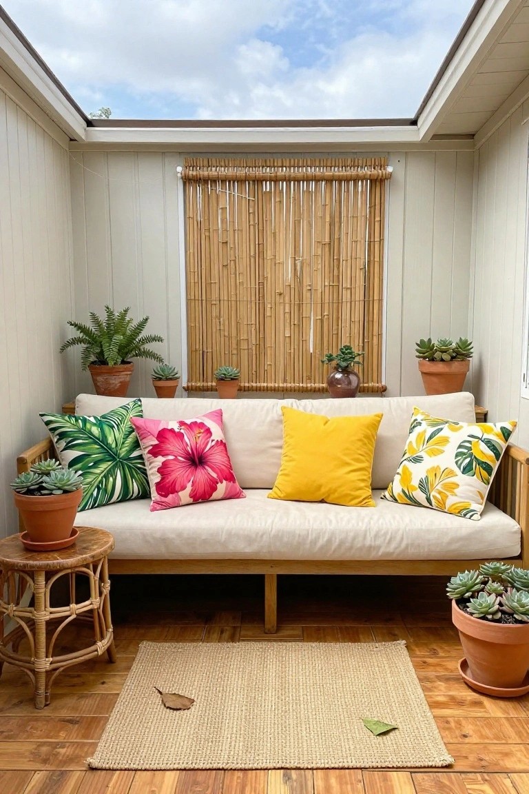 Cream sofa with green leaf, pink hibiscus, yellow solid, and yellow monstera patterned pillows in a white-walled outdoor room with bamboo blinds, multiple potted succulents and ferns, rattan side table, seagrass rug, and wooden flooring under a skylight.