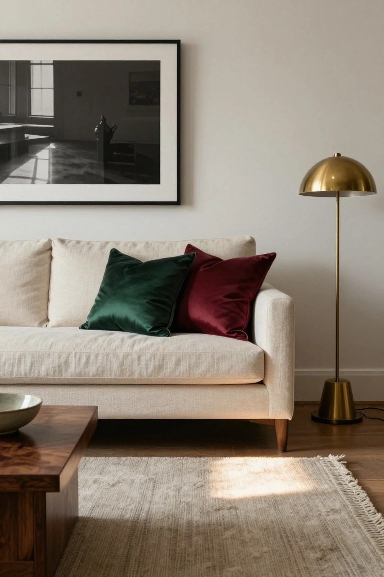 Cream linen sofa with shiny green and maroon velvet pillows, wooden coffee table with ceramic bowl, gold floor lamp, and black-framed photo on white wall above beige rug.