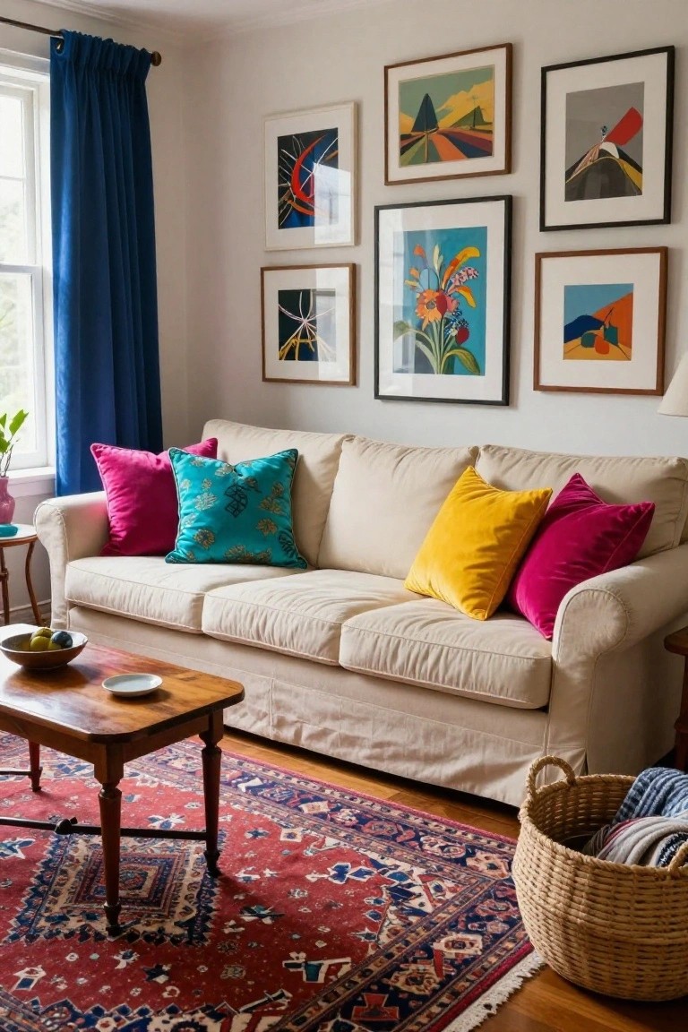 Cream slipcovered sofa with magenta, pink, teal patterned, and yellow velvet pillows arranged on it, in a living room featuring colorful abstract paintings on walls, blue curtains at a window, wooden coffee table, red Persian-style rug, and wicker basket with blankets.