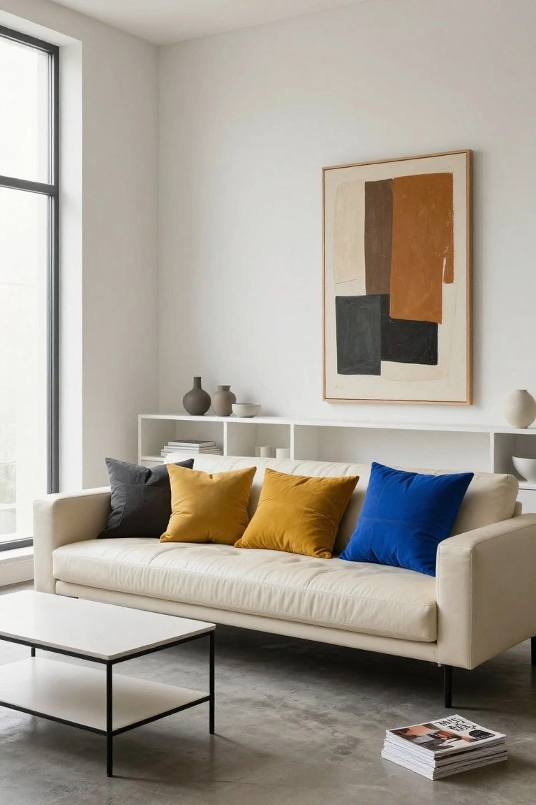 Modern living room with a cream-colored sofa topped by gray, mustard yellow, and royal blue pillows, white wall shelves holding books and ceramics, an abstract geometric painting, a black metal coffee table, and a large window.