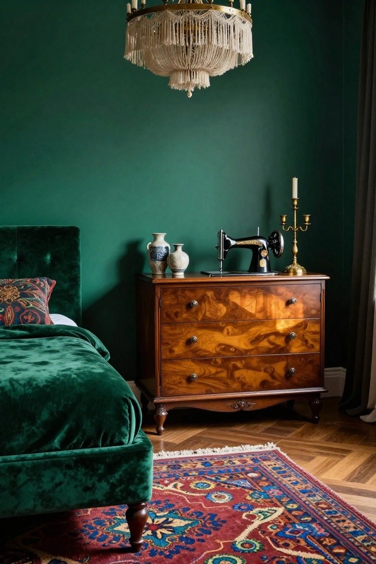 A wooden chest of drawers stands beside a green velvet bed in a room with dark green walls and a colorful rug on the floor.