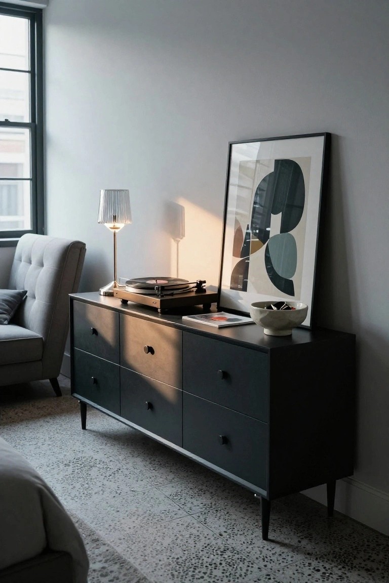 A dark low dresser with multiple drawers holds a record player, lamp, and small bowl in a bedroom with a gray chair and abstract art leaning against the wall.