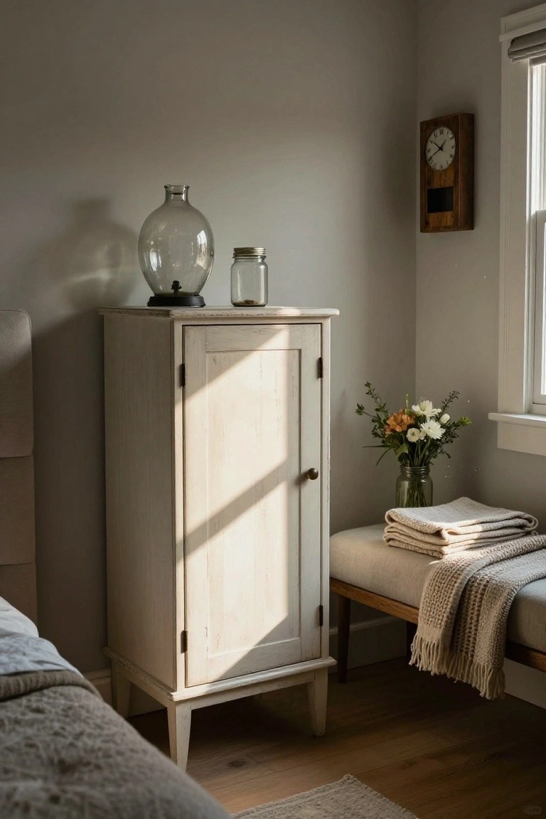 A tall off-white cabinet stands beside a bed in a bedroom, topped with two glass vases and placed near a bench holding folded blankets.