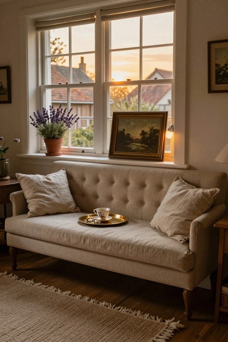 Cozy beige tufted sofa with pillows beneath a sunset window.