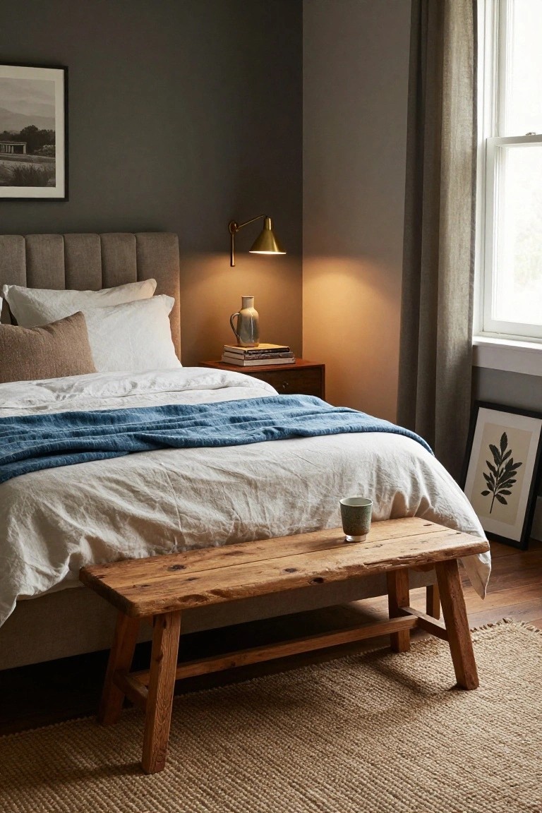 Cozy bedroom with wooden bench, rumpled white linens, and blue throw.