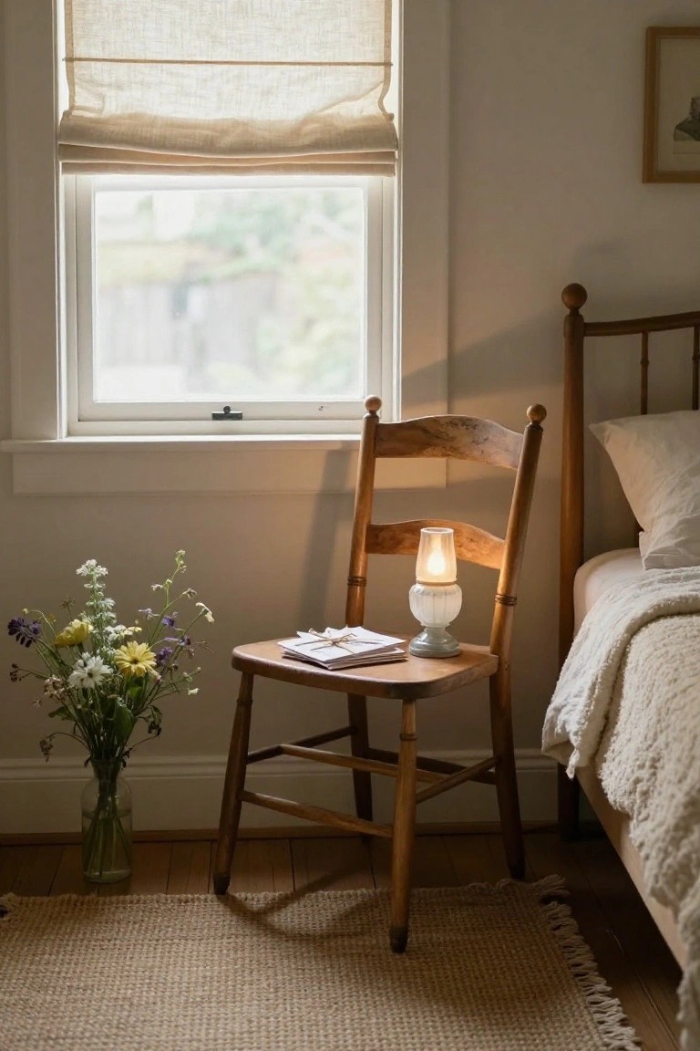 A wooden chair holding a small lit lamp and stacked papers sits beside a bed near a window with flowers in a glass jar on the floor.