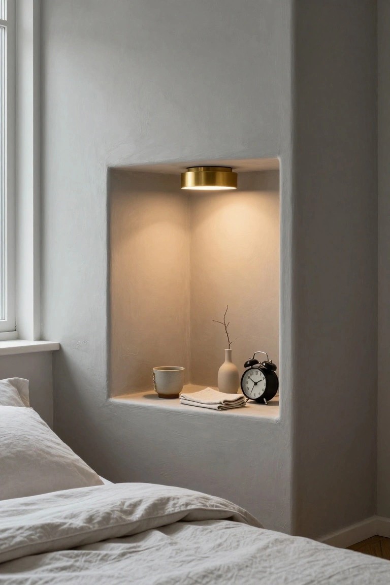 A minimalist bedroom alcove with brass light, vase, clock, and folded linens.