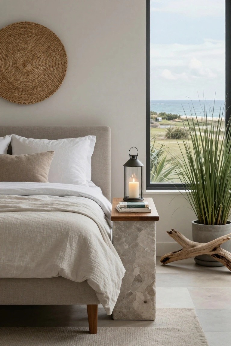 A bedroom with a bed dressed in white and beige linens next to a tall concrete pedestal used as a nightstand, topped with a lit lantern and a stack of books, and a large window showing an ocean view.