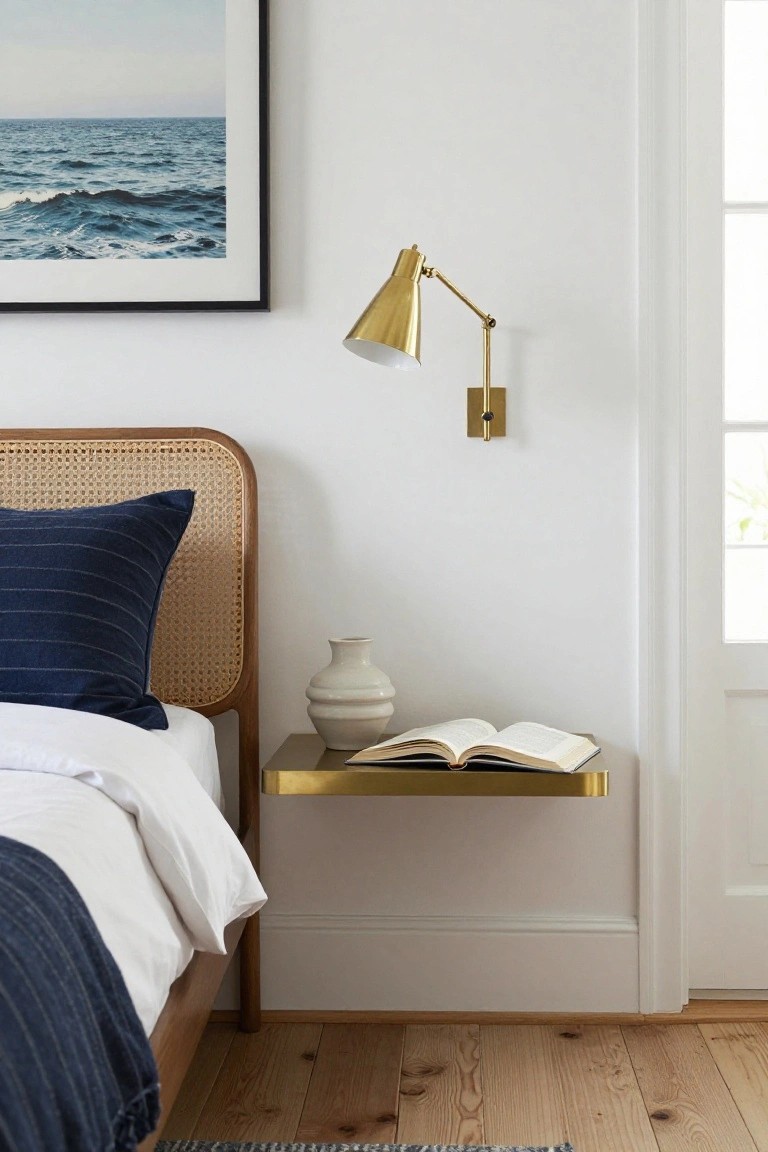 A bedroom corner shows a wooden bed with a cane headboard, a brass floating shelf holding an open book and a small vase, and a gold adjustable wall sconce above it.