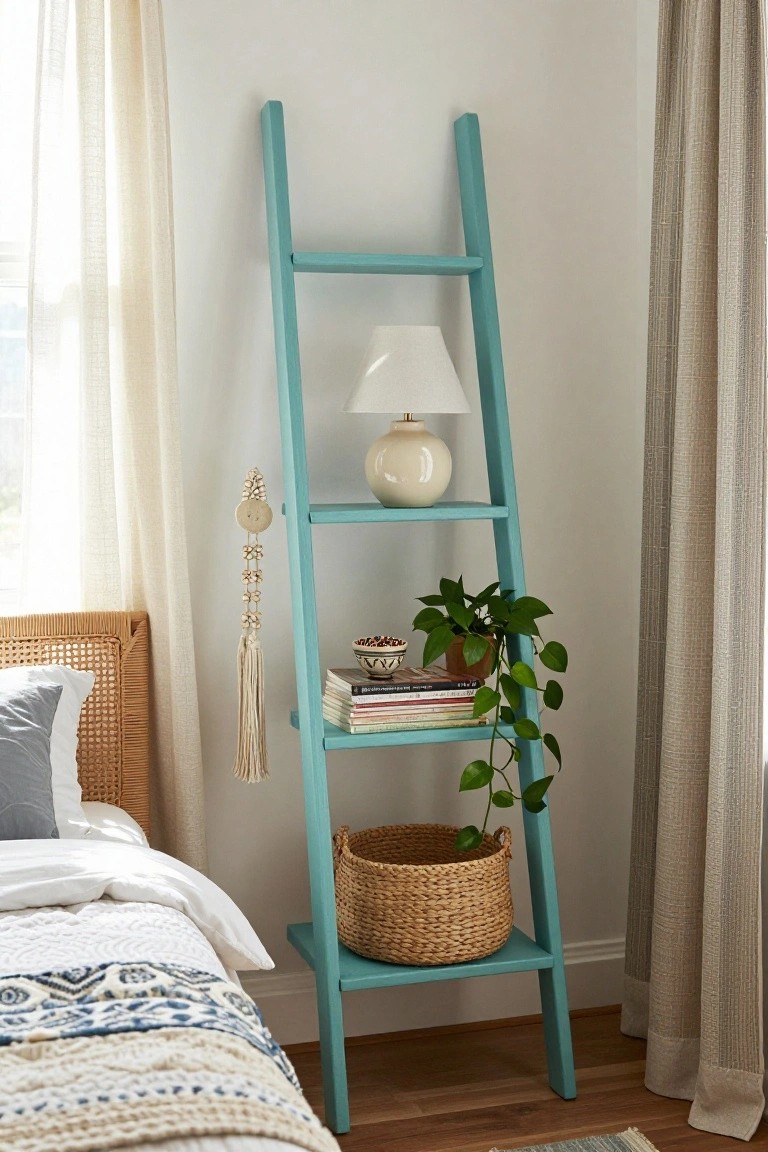 Turquoise ladder shelf with lamp, books, plant, and woven basket.