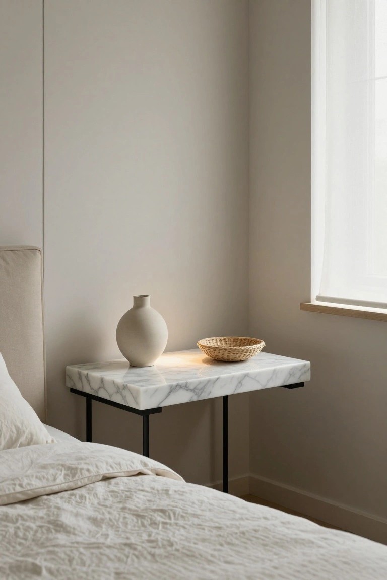 Minimalist marble nightstand with beige vase and woven basket beside bed.