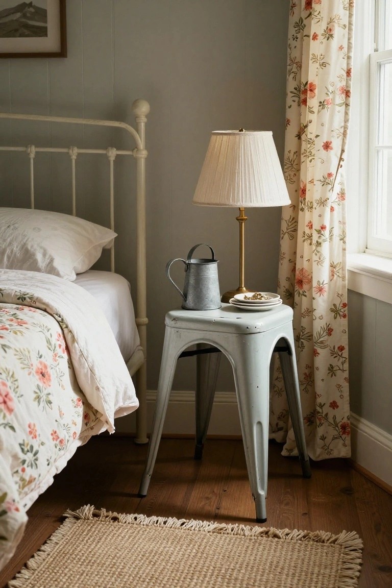 Bedside stool with lamp, pitcher, and floral linens in bedroom.