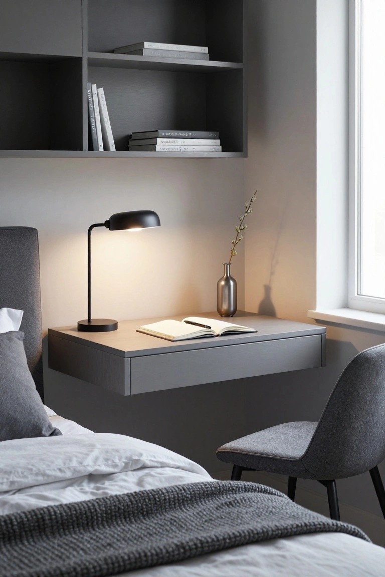 Modern bedroom with floating gray desk, lamp, books, and chair.