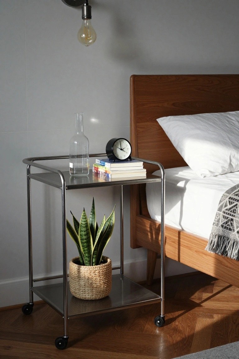 A stainless steel rolling cart with two shelves placed next to a wooden bed, holding books and a clock on the top surface and a snake plant in a woven basket on the lower shelf.