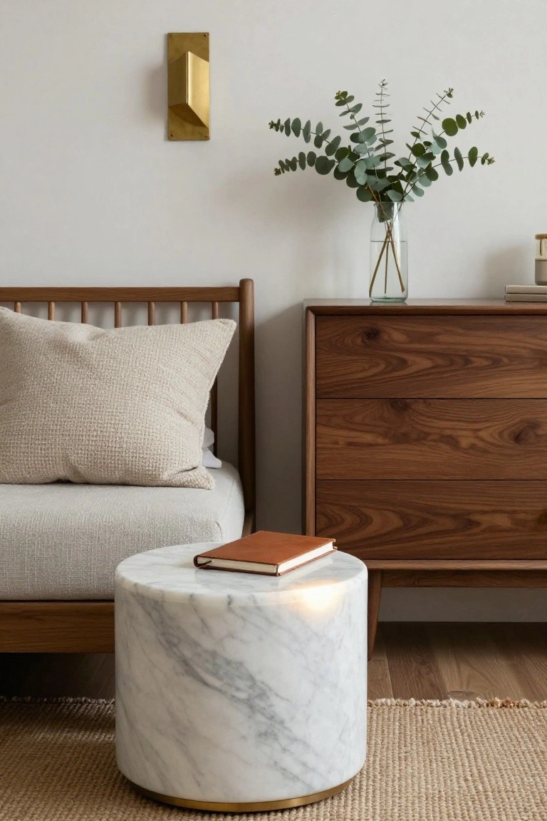 Marble side table with book beside wooden bed and dresser.